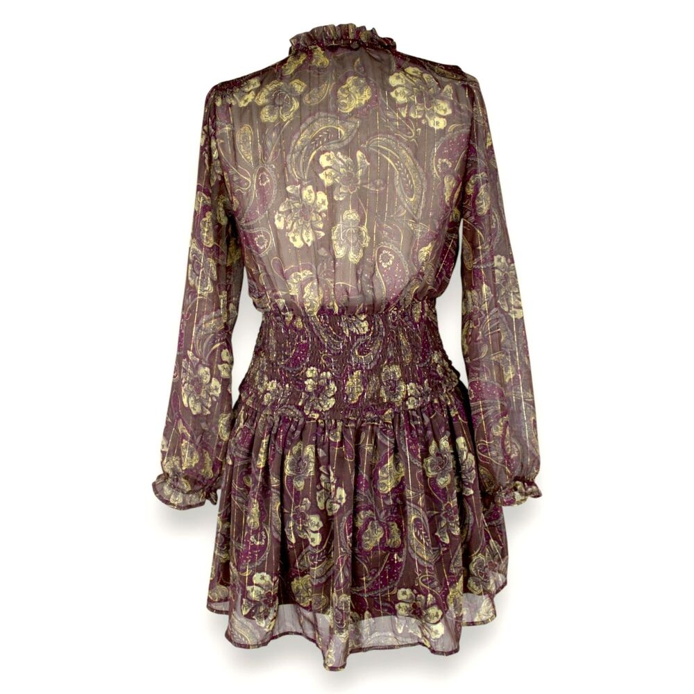 Jolie & Joy Sheer Boho Paisley Mini Dress Smocked Waist Burgundy Gold M - Picture 3 of 5